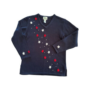 Ugly Christmas Sweater Quaker Factory Medium Stars Rhinestones Holiday Cardigan